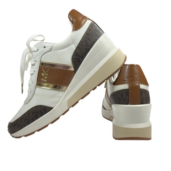 Michael Kors Shoes - Michael Kors Georgie Wedge Sneakers 7 Brown White Logo Trainer Luxury Streetwear